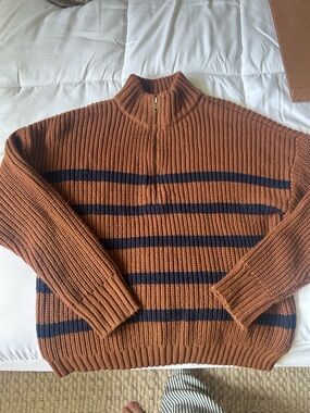 SANCTUARY Half-Zip Ribbed Sweater in camel with Navy Stripes
